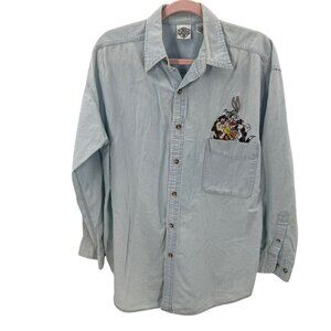 Acme Clothing Looney Tunes Embroidered Denim Button-Up Shirt Womens Size M Long